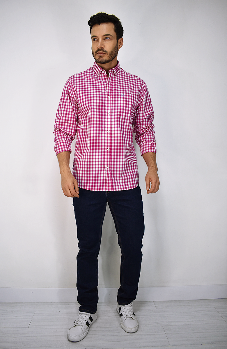 Camisa Manga Larga Cuadros Fucsia para Hombre