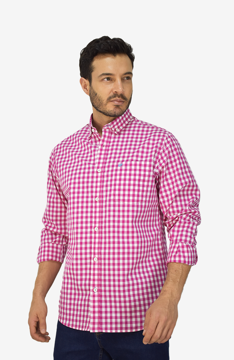 Camisa Manga Larga Cuadros Fucsia para Hombre