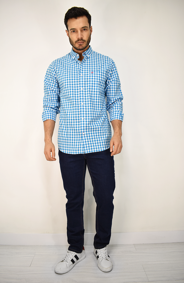 Camisa Manga Larga a Cuadros Azul para Hombre
