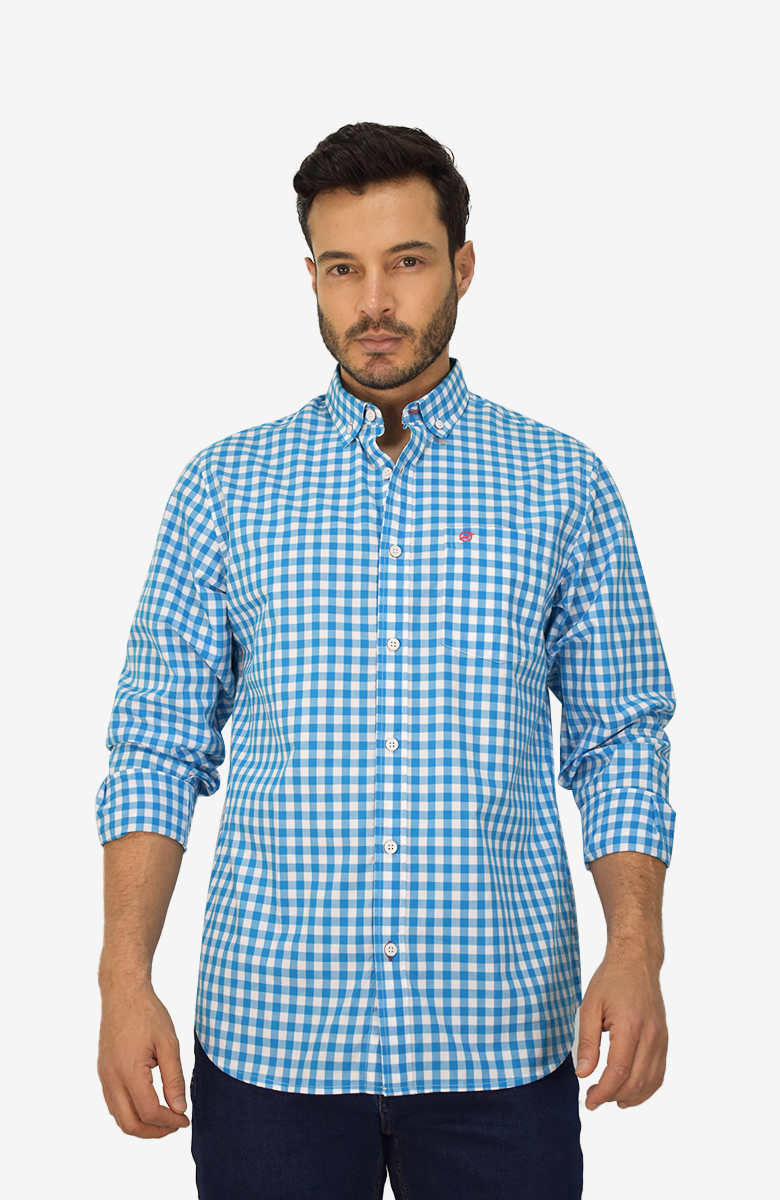 Camisa Manga Larga a Cuadros Azul para Hombre