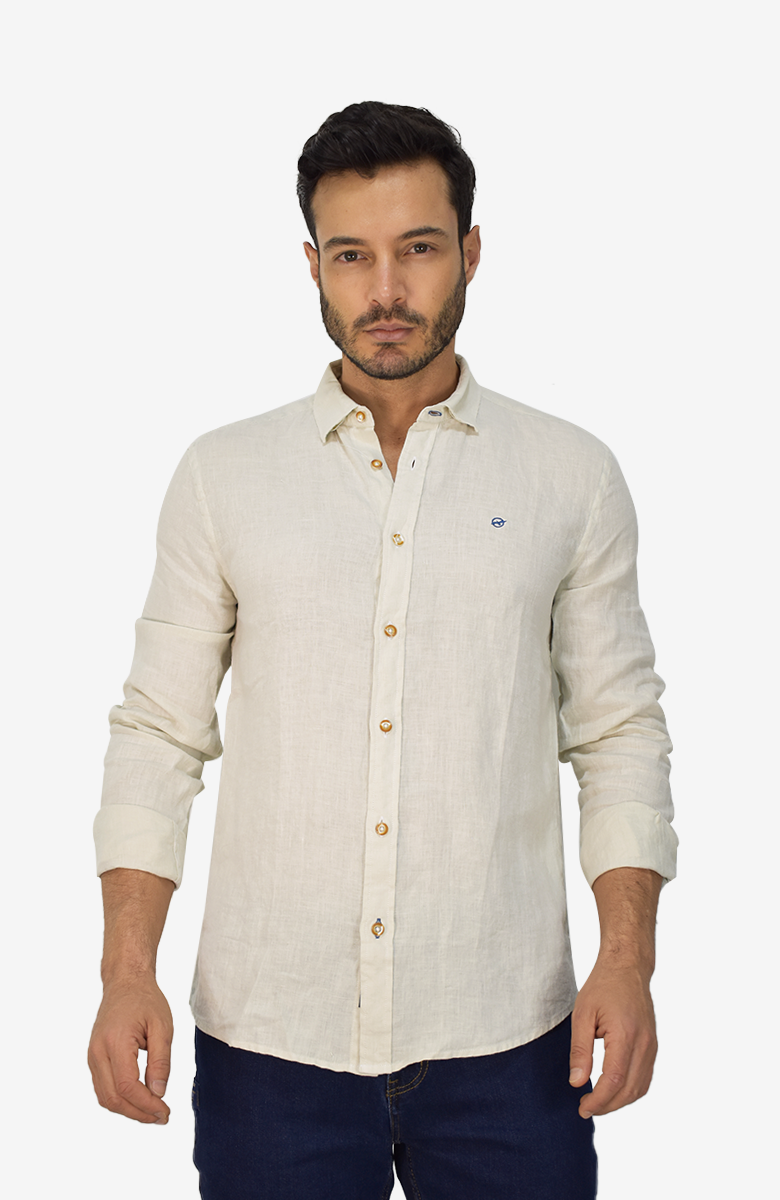 Camisa Manga Larga de Lino Beige para Hombre