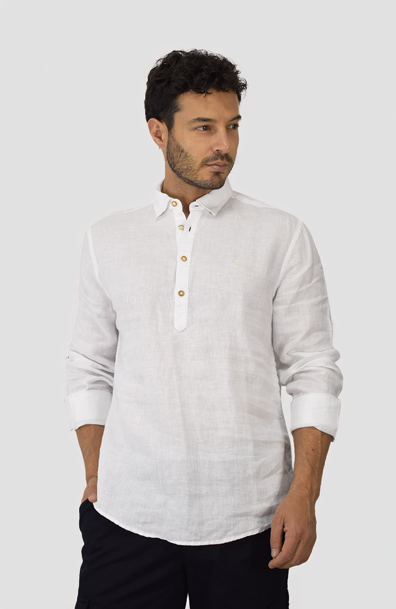 Camisa Manga Larga de Lino Blanca para Hombre