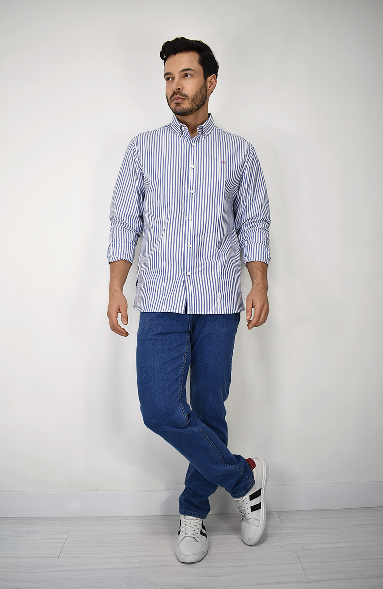 Camisa Manga Larga a rayas Azul para Hombre