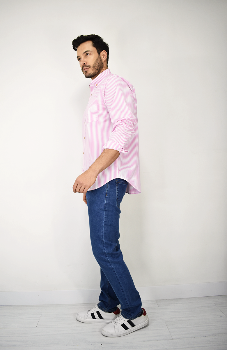 Camisa Manga Larga a Rayas Rosada para Hombre