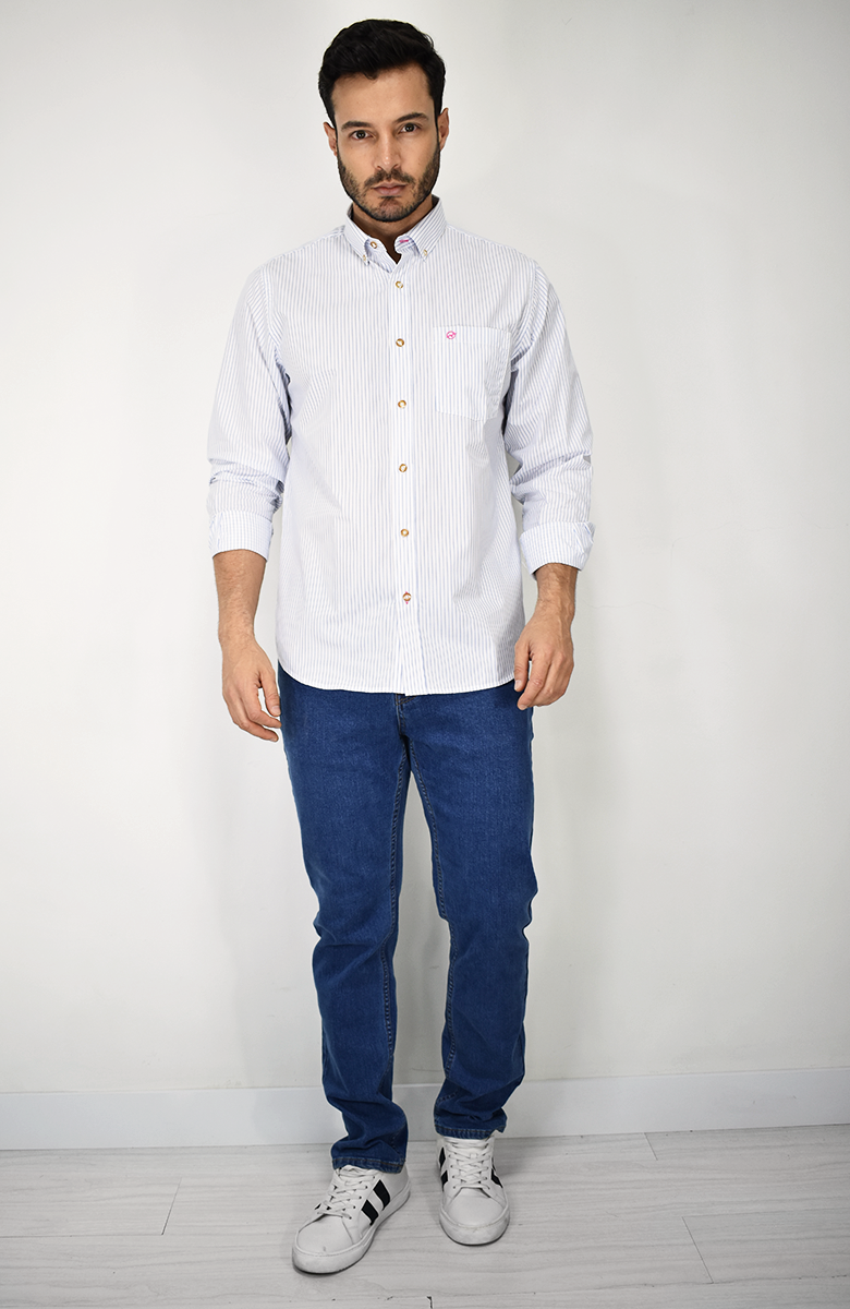 Camisa Manga Larga a Rayas Azul Claro para Hombre