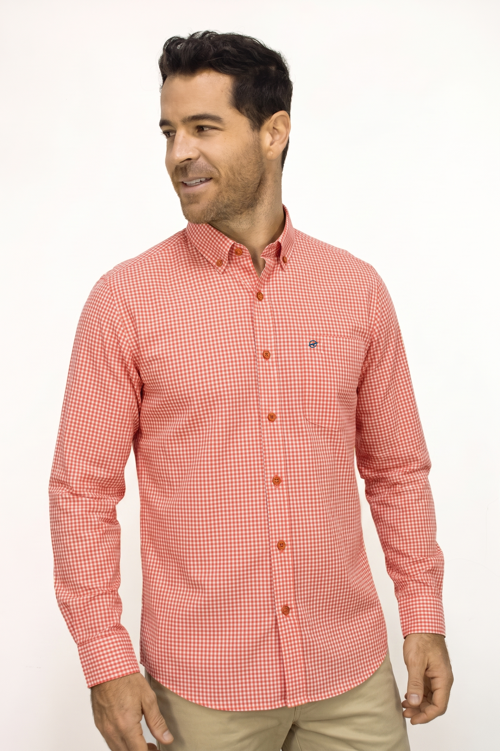 CAMISA MANGA LARGA CUADROS CORAL PARA HOMBRE