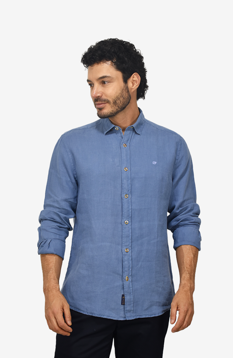 Camisa manga larga Lino Azul para Hombre