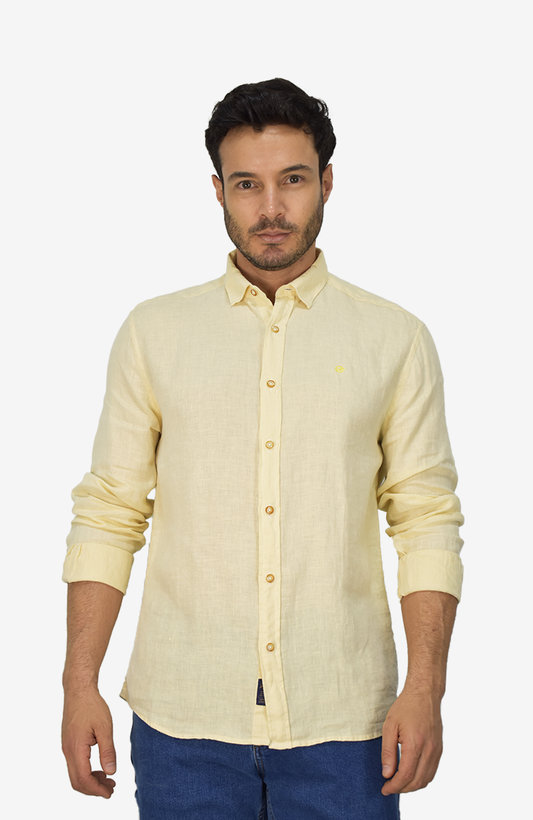 Camisa Manga Larga de Lino Amarillo para Hombre