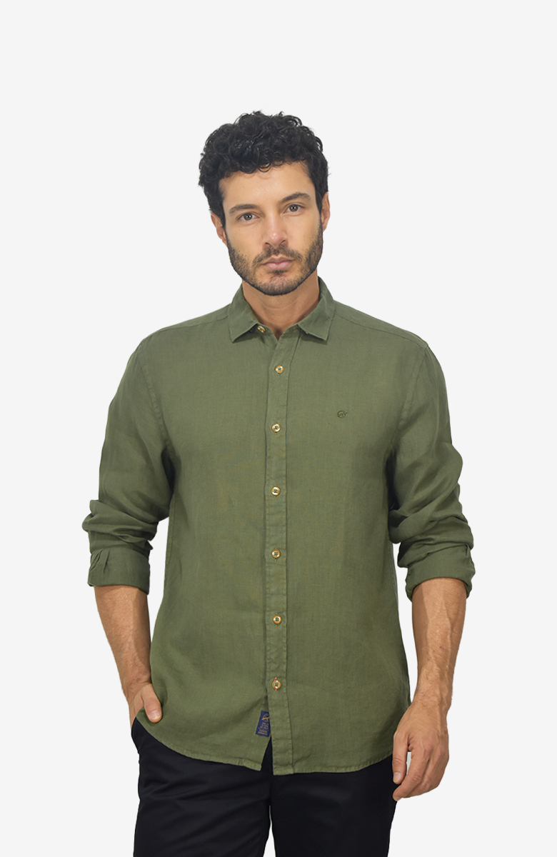 Camisa manga larga Lino Verde para Hombre