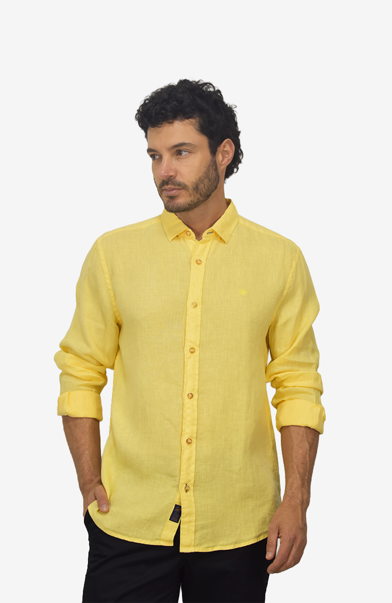 Camisa manga larga Lino Amarilla para Hombre