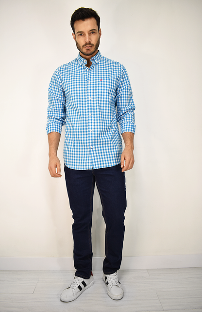 Camisa Manga Larga a Cuadros Azul para Hombre