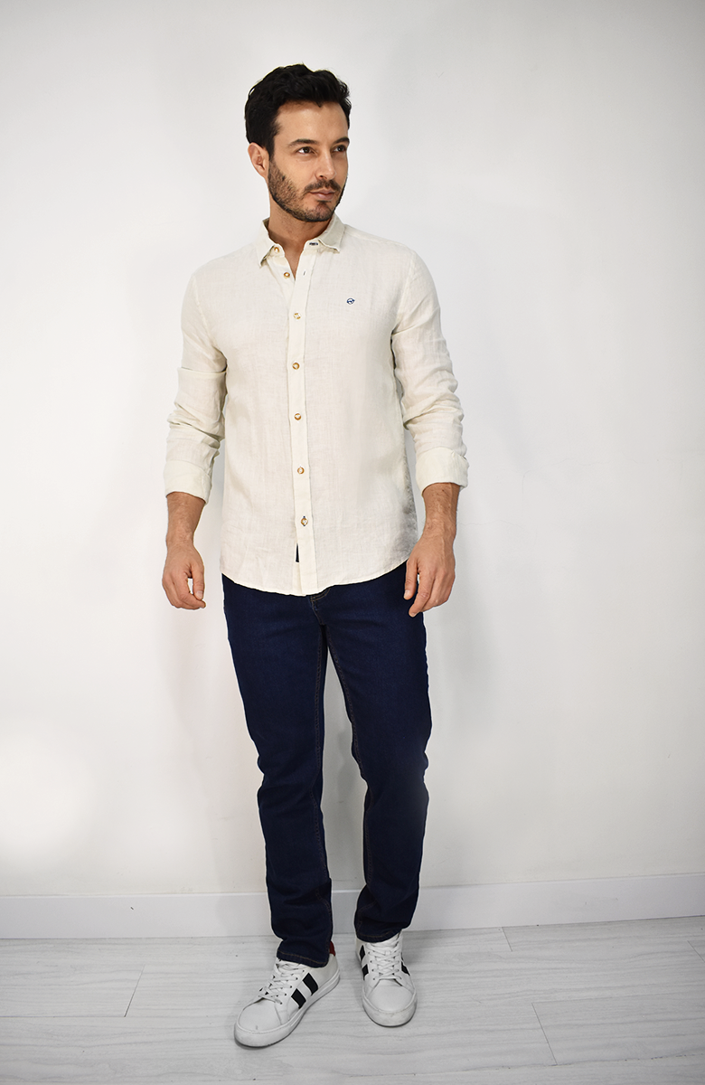 Camisa Manga Larga de Lino Beige para Hombre