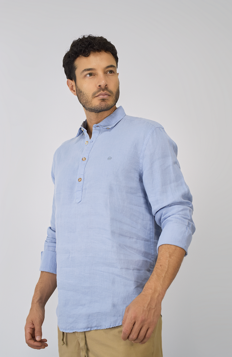 Camisa Manga Larga de Lino Azul para Hombre