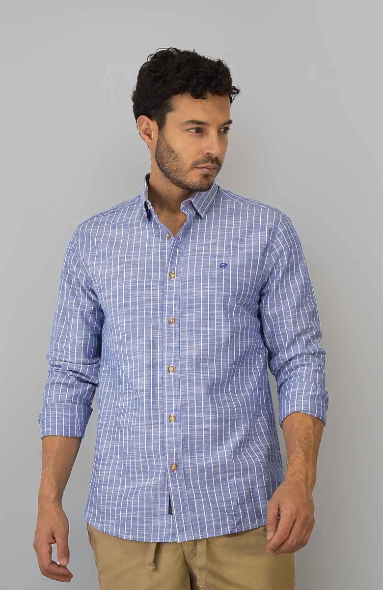 Camisa Manga Larga Apariencia Lino Azul para Hombre