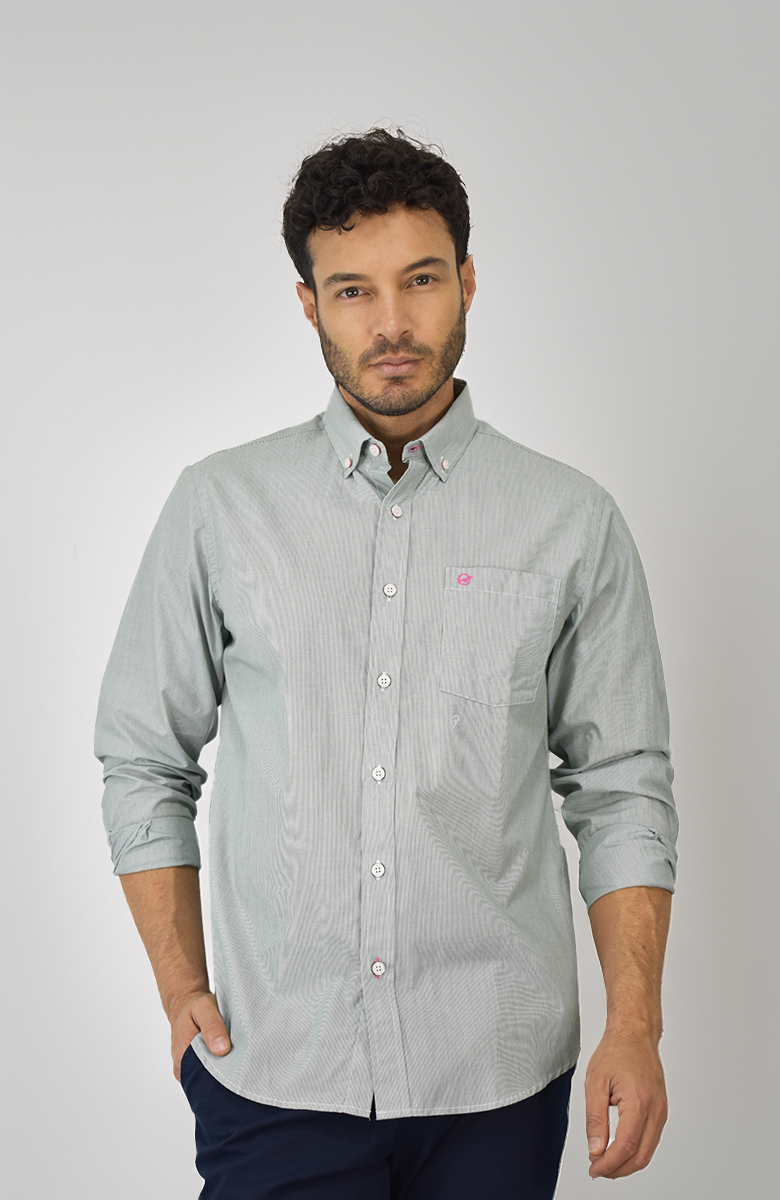 Camisa Manga Larga a rayas Verde Militar Para Hombre