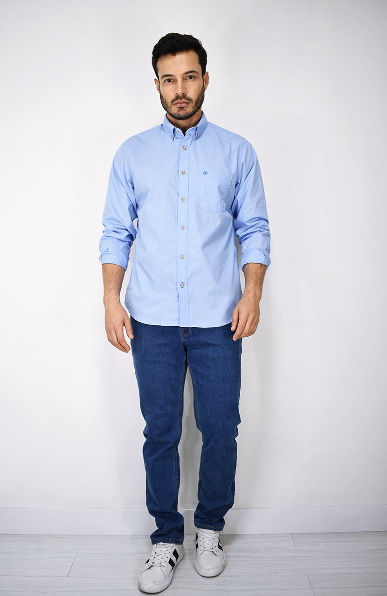 Camisa Manga Larga Popelina Azul para Hombre