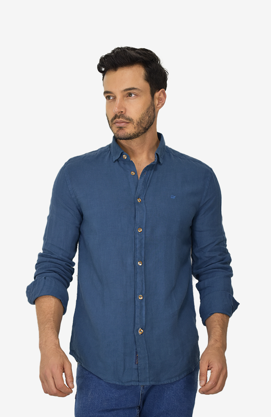 Camisa Manga Larga de Lino Azul para Hombre