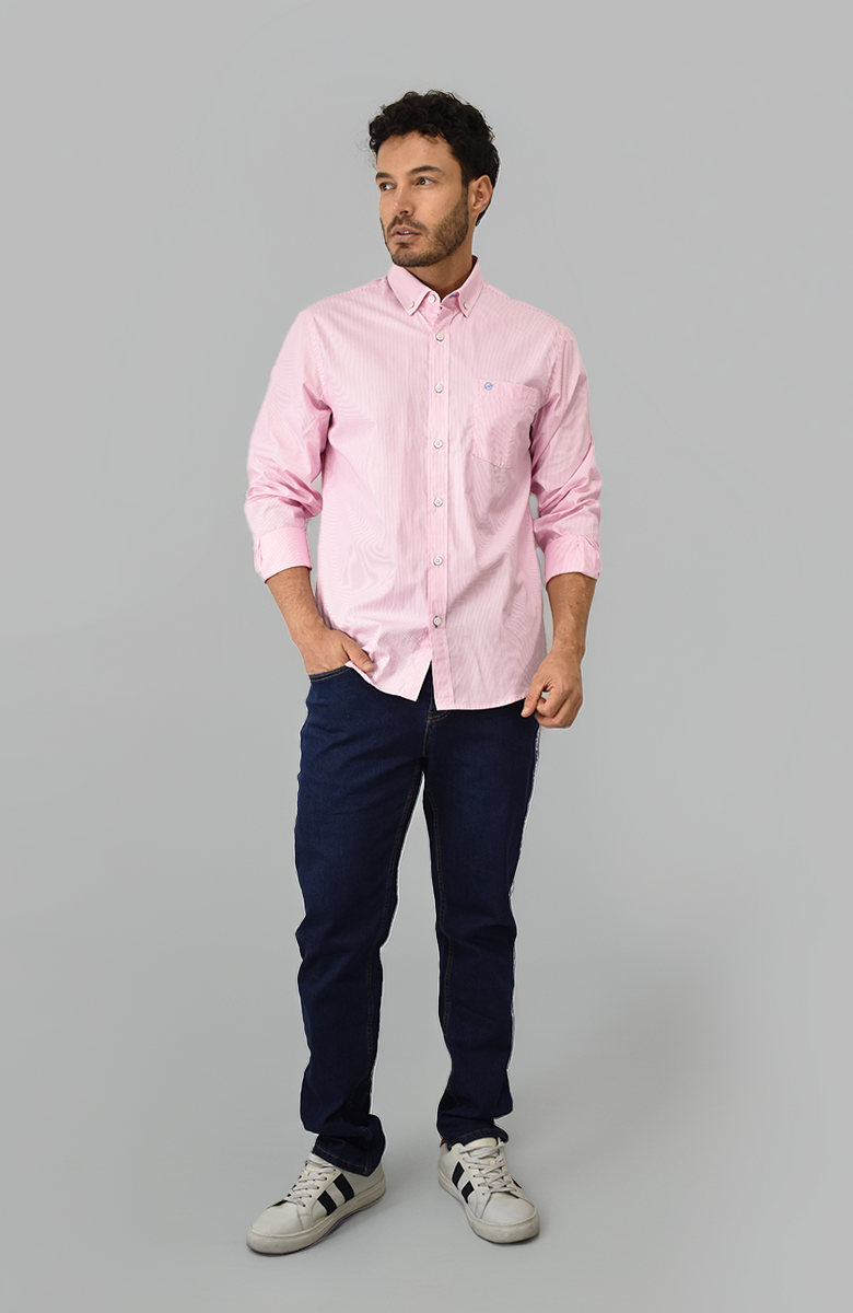 Camisa Manga Larga a Rayas Rosada para Hombre