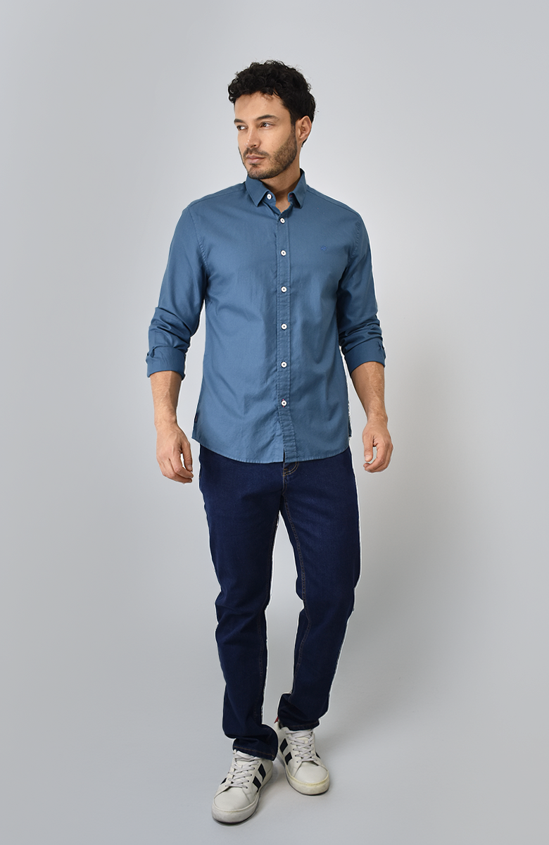 Camisa Popelina Manga larga Azul Para Hombre