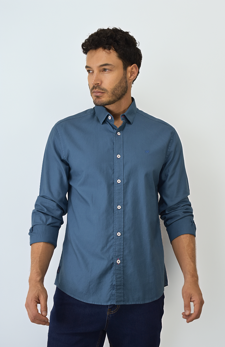 Camisa Popelina Manga larga Azul Para Hombre