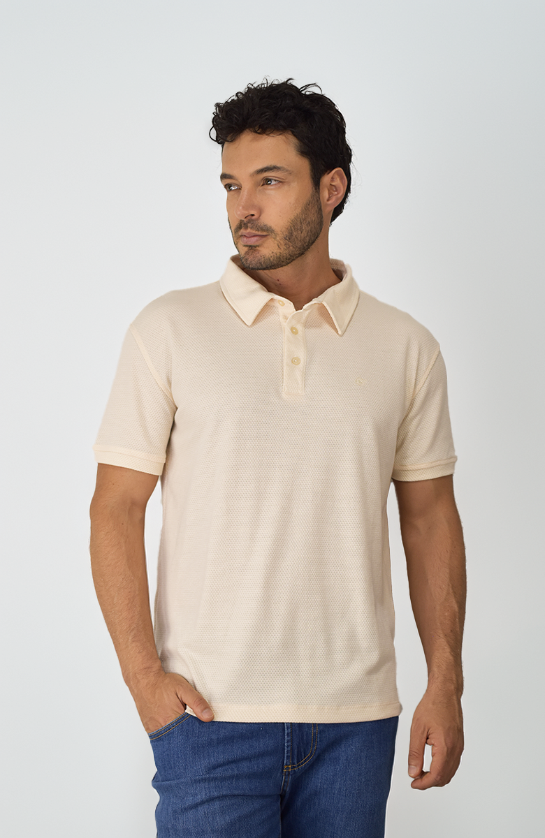 Camiseta tipo polo en tela texturizada Marfil para Hombre