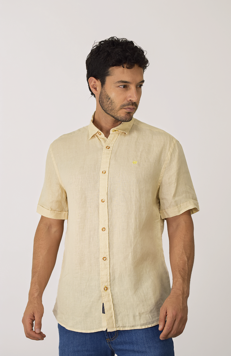 Camisa manga corta en Lino Amarilla para Hombre