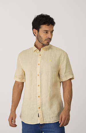 Camisa manga corta en Lino Amarilla para Hombre