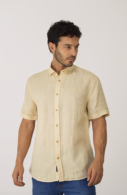 Camisa manga corta en Lino Amarilla para Hombre