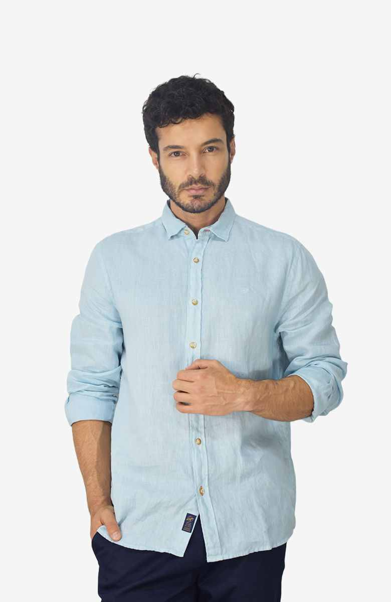 Camisa manga larga Lino Azul para Hombre