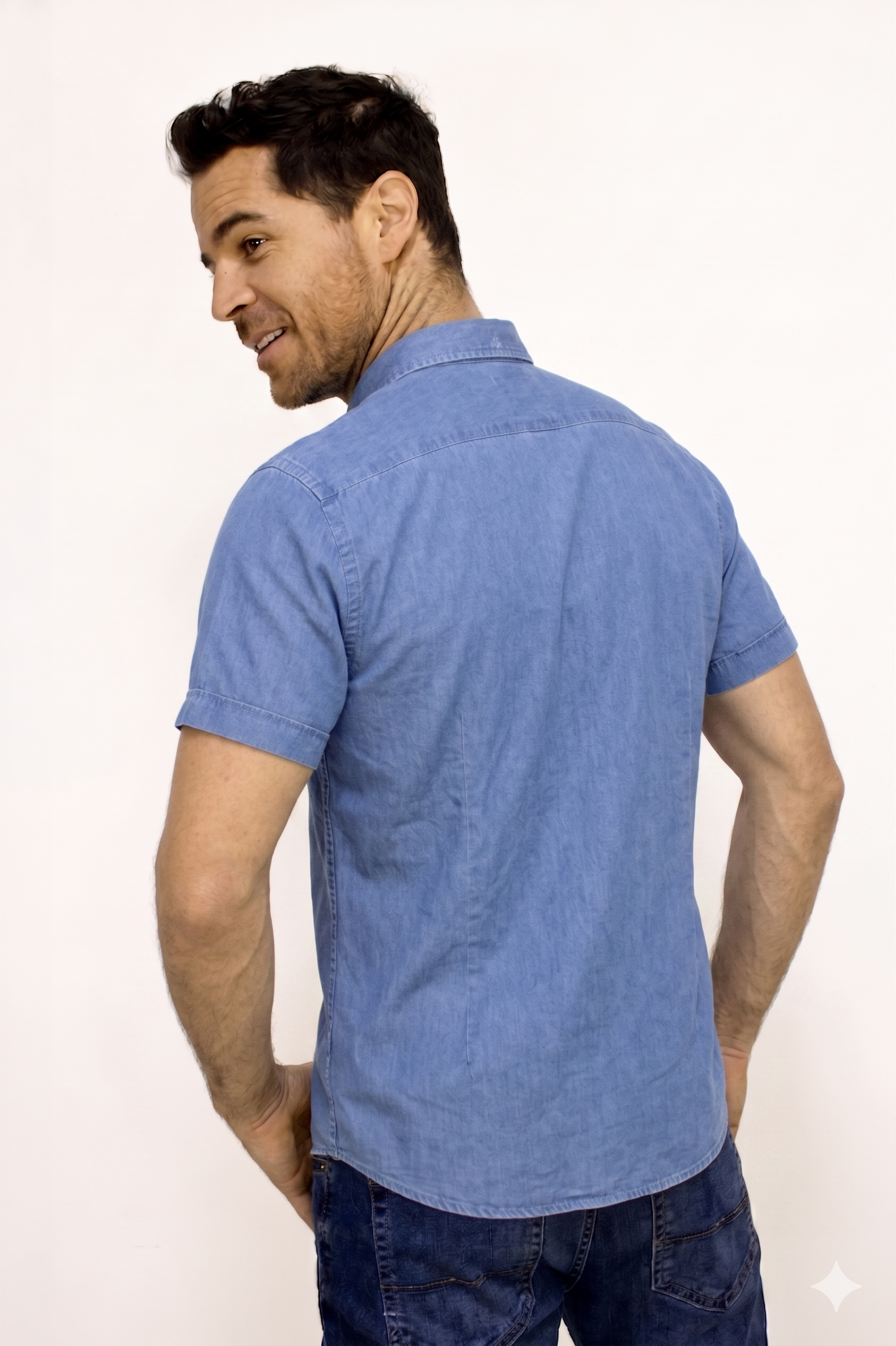 Camisa Manga Corta Denim Para Hombre