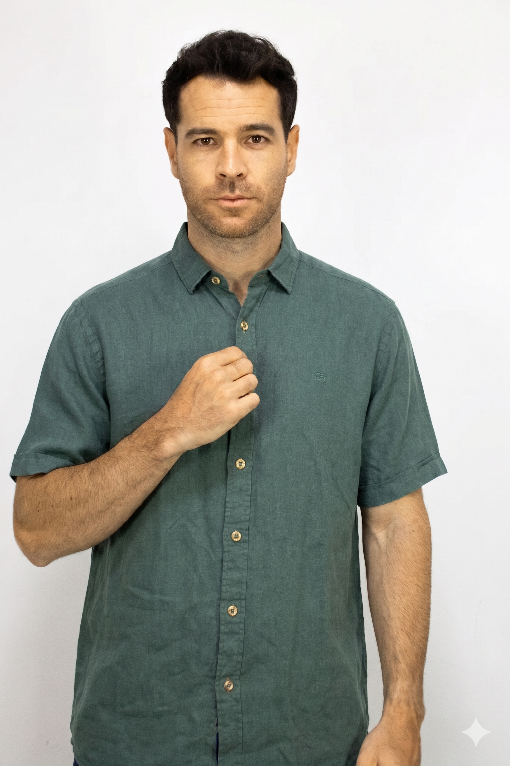 Camisa Lino Manga Corta Verde Para Hombre
