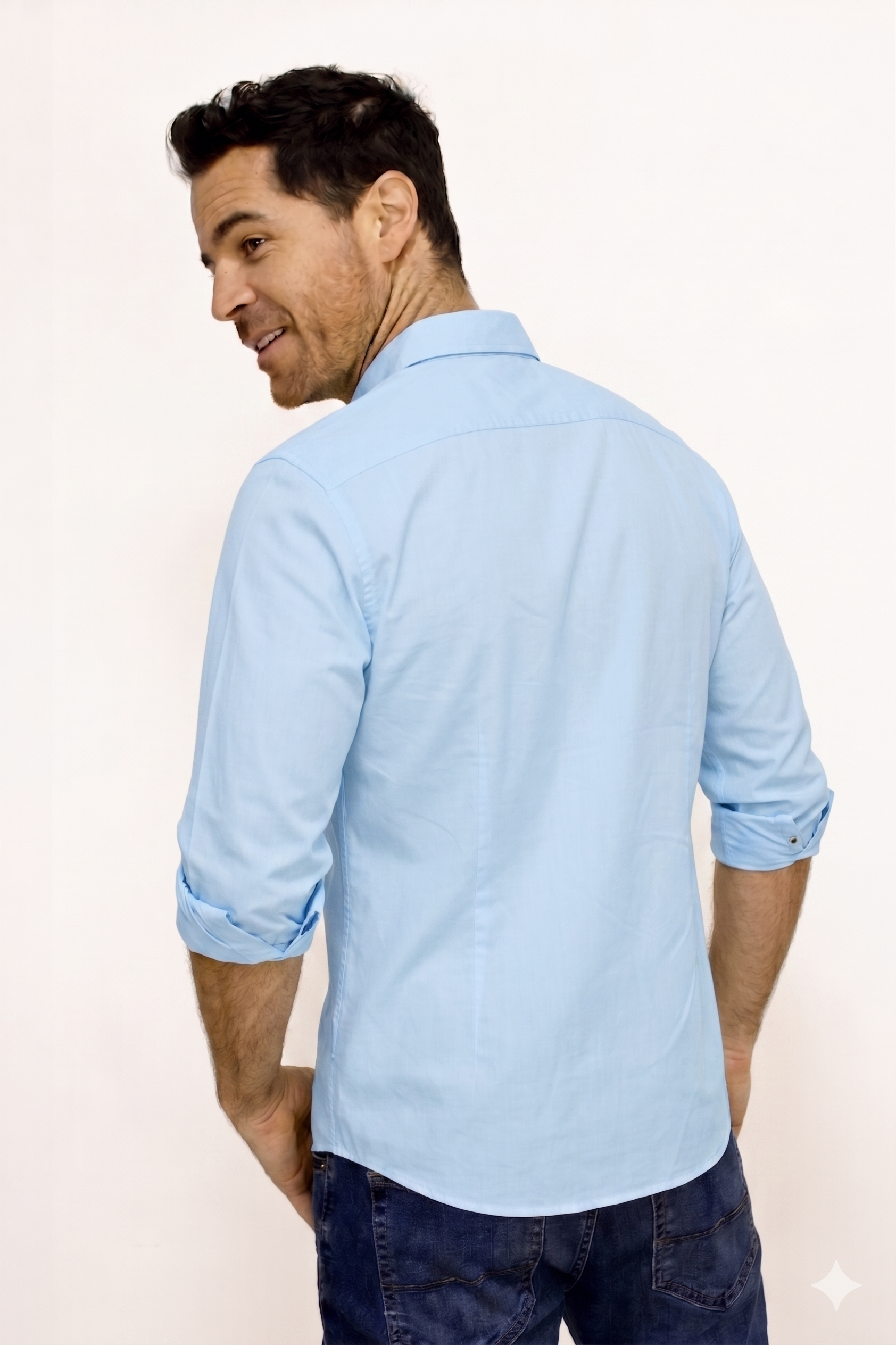 Camisa Manga Larga Azul Para Hombre