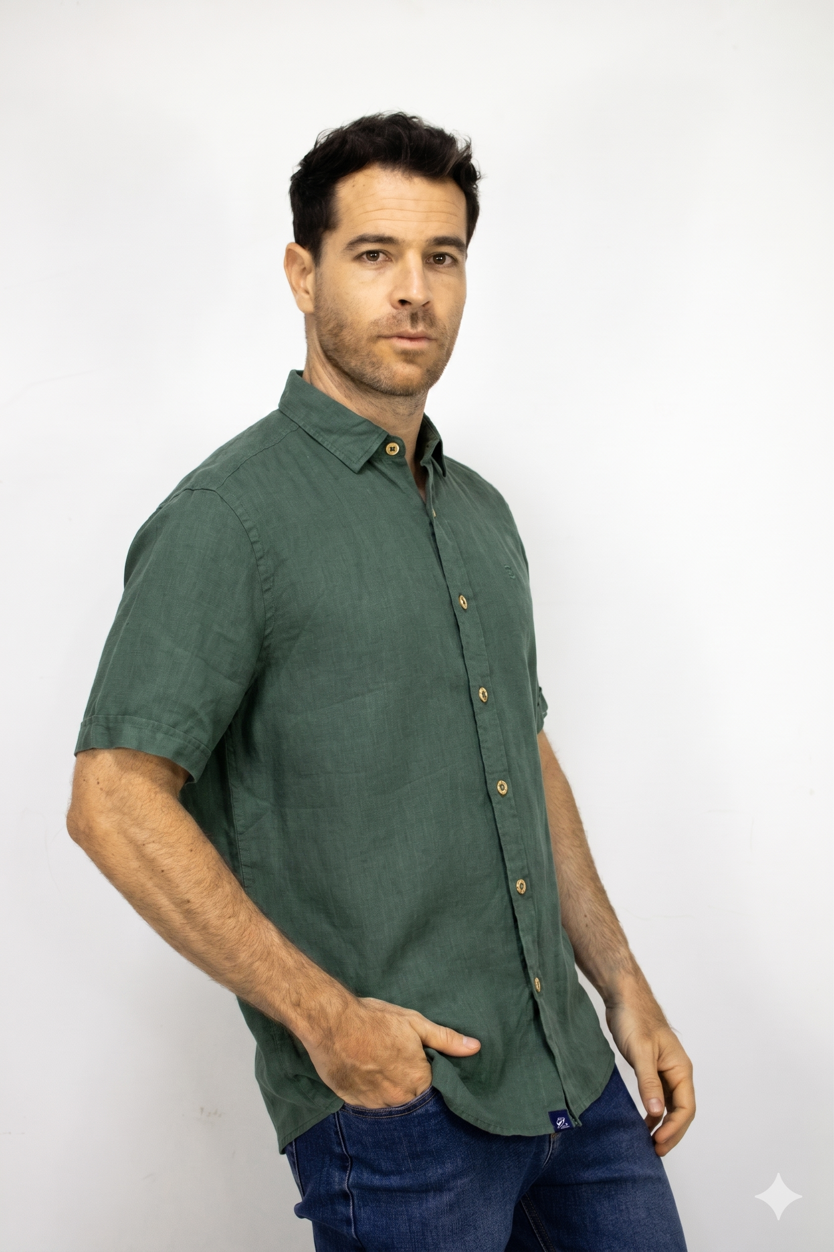 Camisa Lino Manga Corta Verde Para Hombre