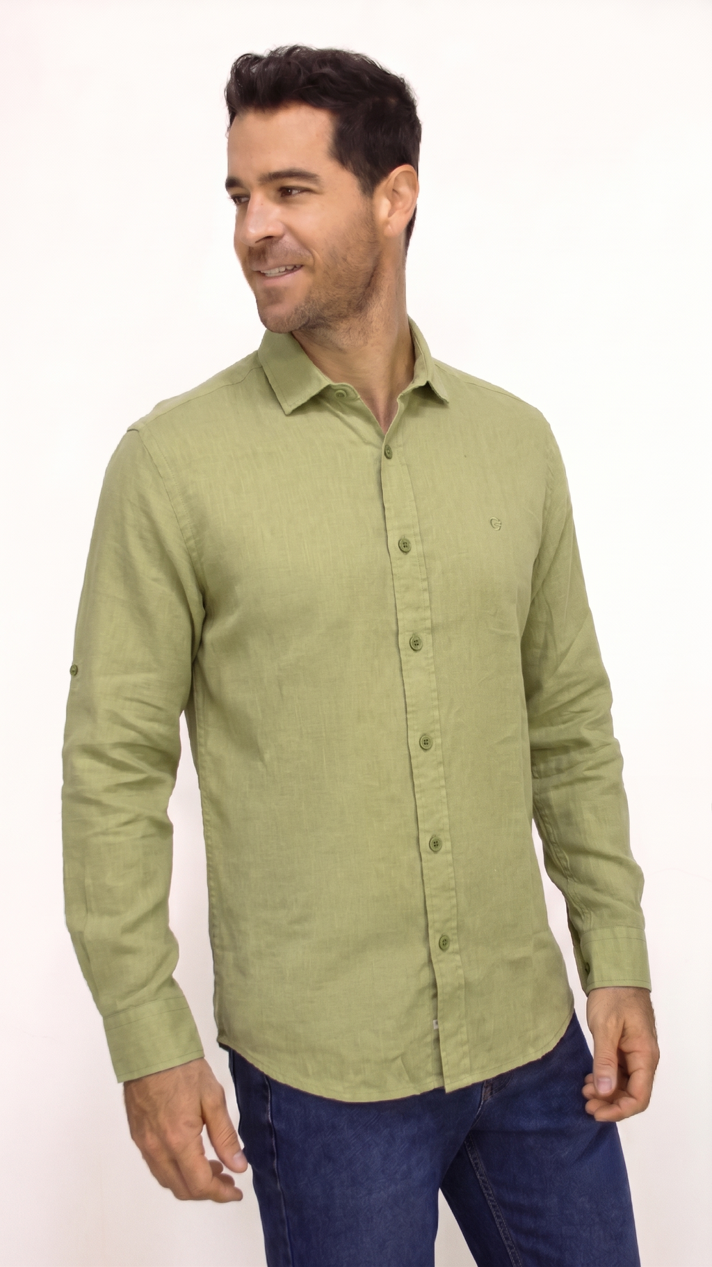 CAMISA LINO MANGA LARGA VERDE PARA HOMBRE