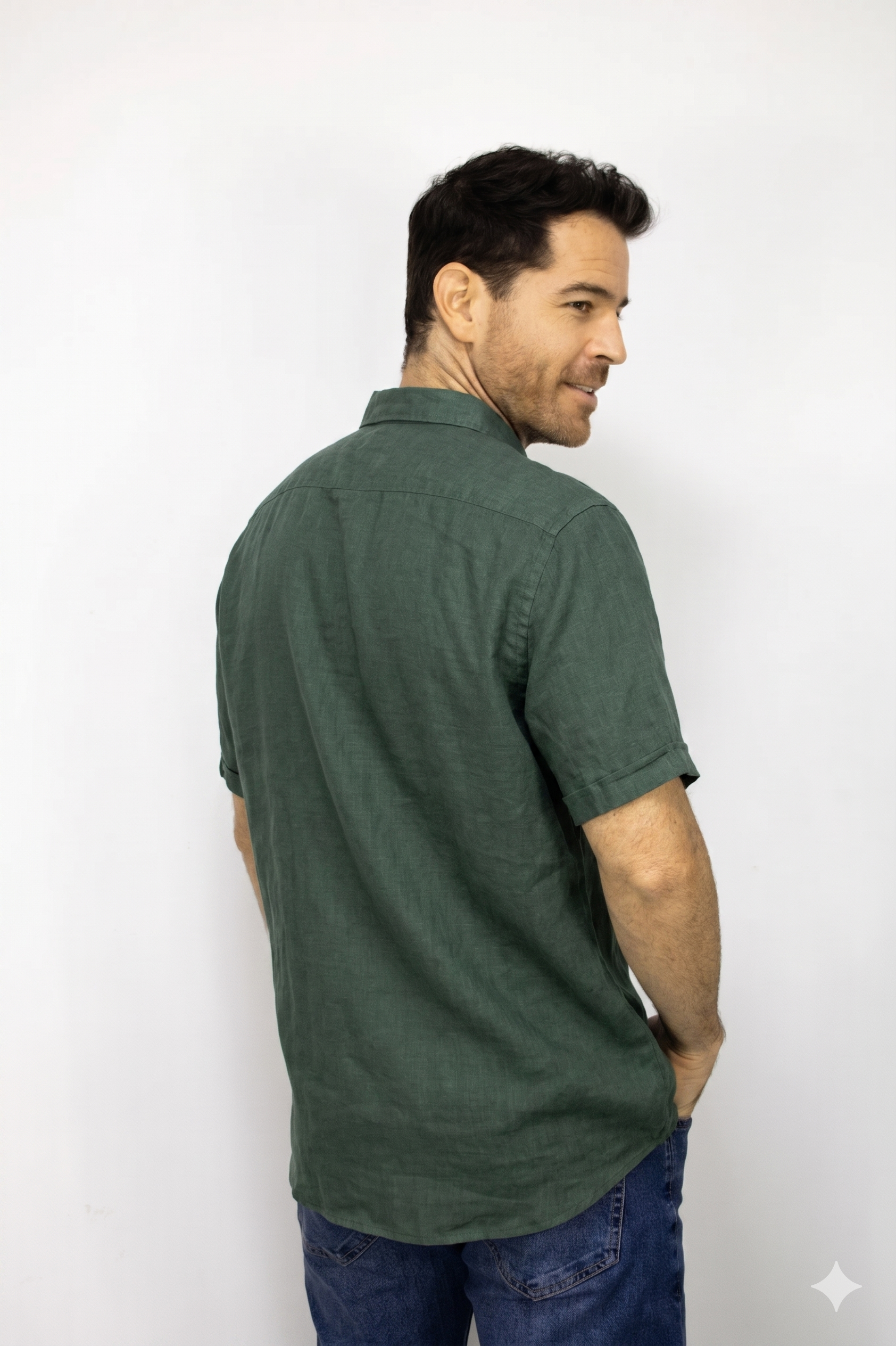 Camisa Lino Manga Corta Verde Para Hombre