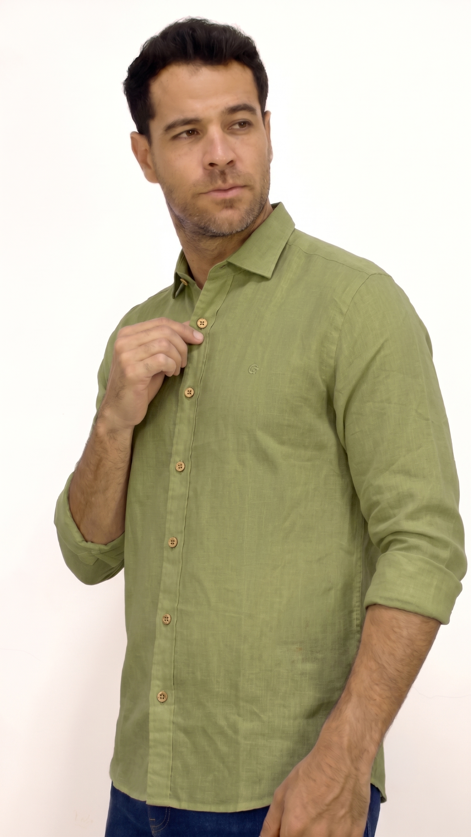 CAMISA LINO MANGA LARGA VERDE PARA HOMBRE