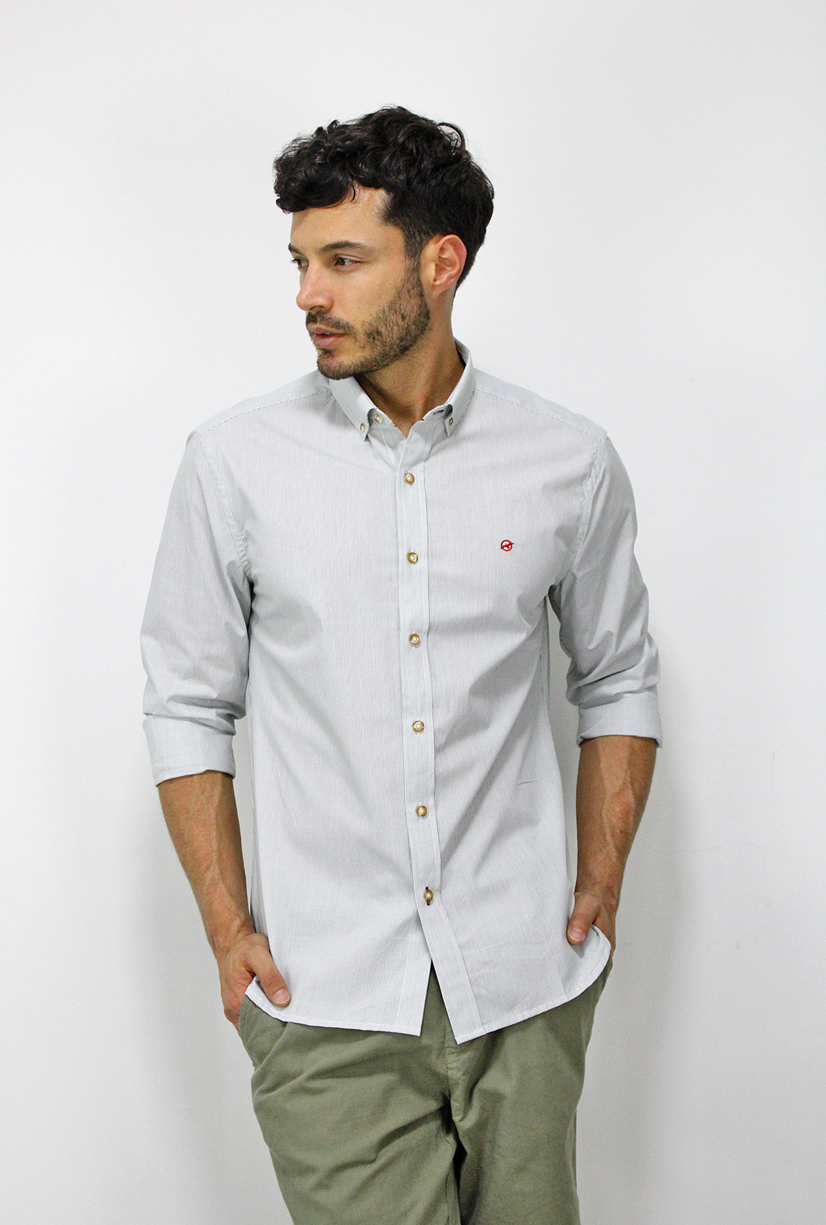 Camisa Manga Larga Líneas Verde Para Hombre CML3095