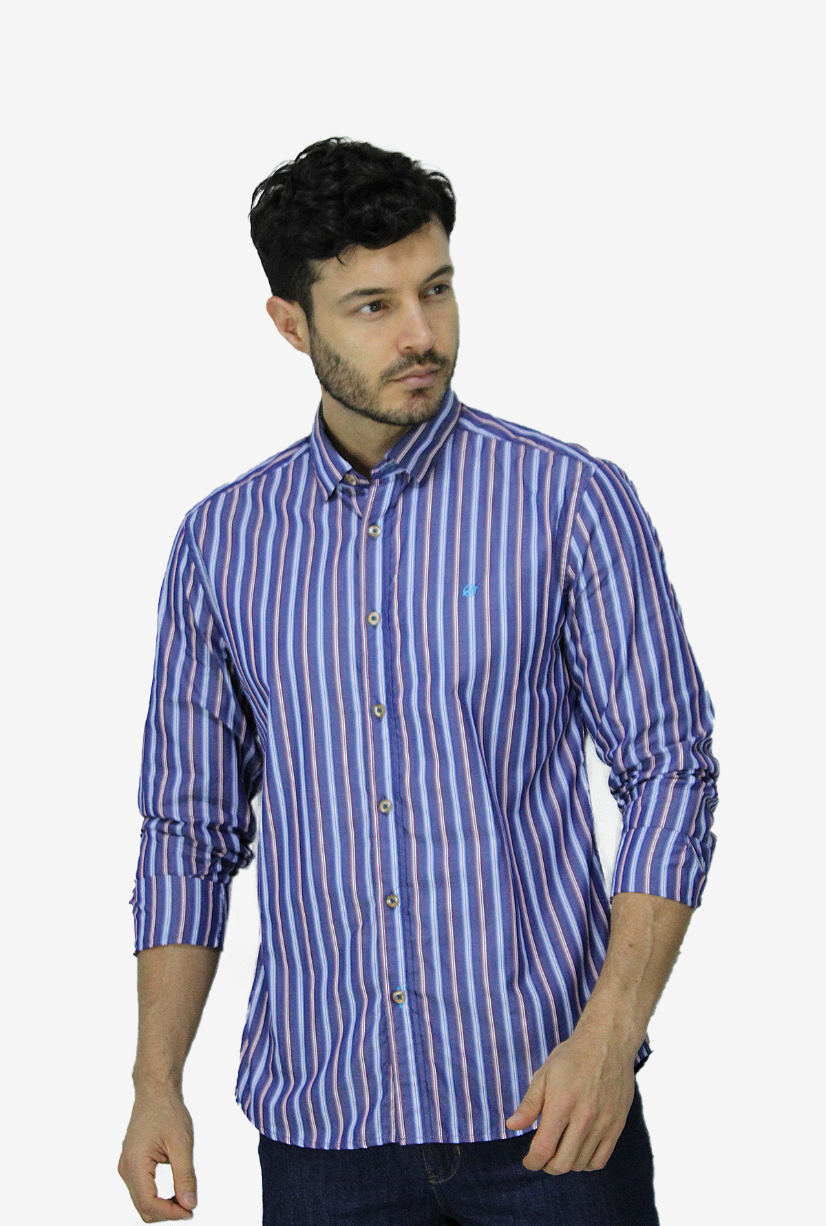 Camisa Manga Larga Líneas Azul Medio Para Hombre CML3118