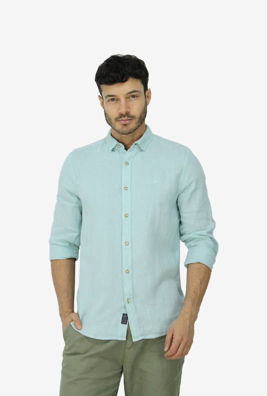 Camisa Manga Larga de Lino Verde Azul para Hombre CML3053