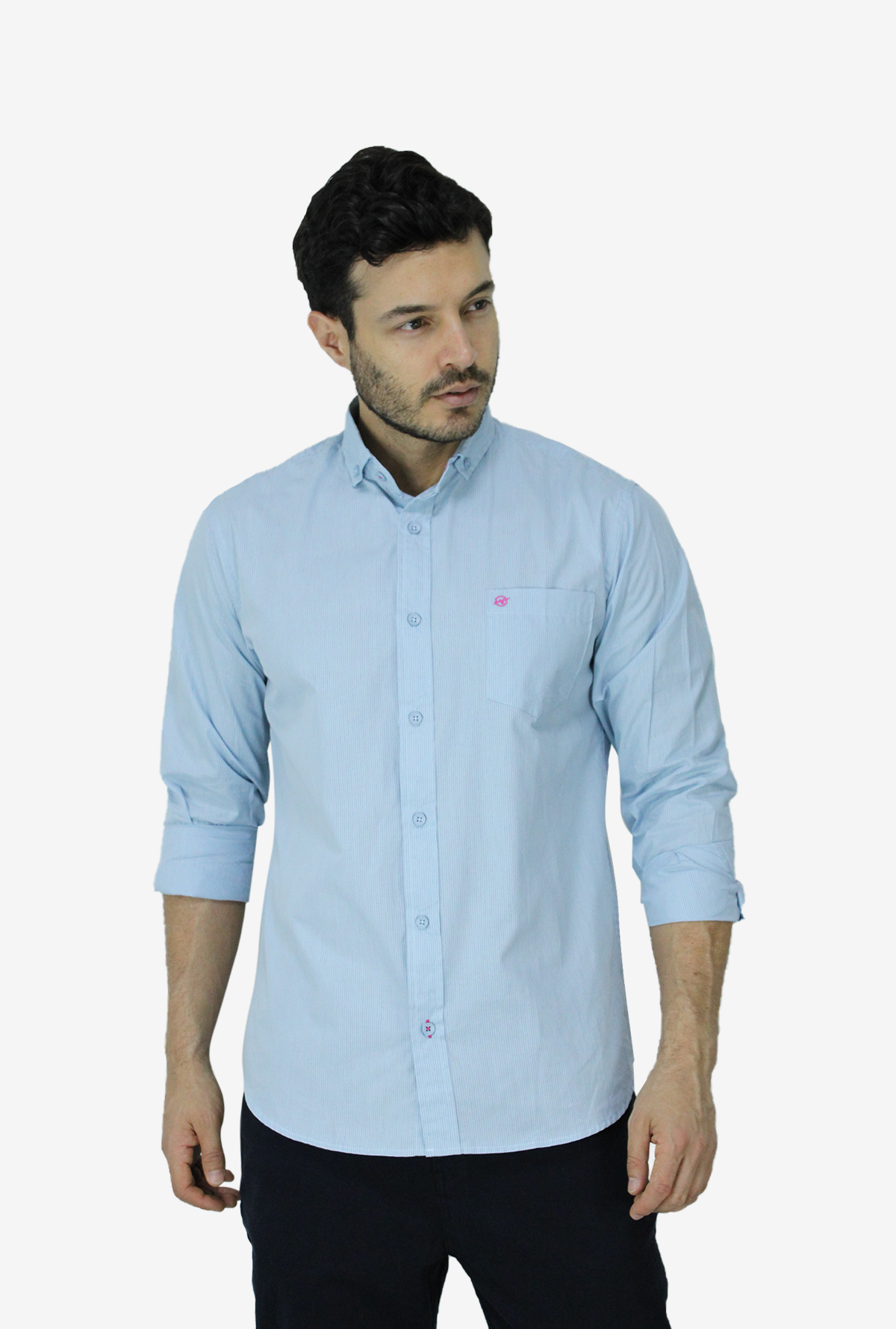 Camisa Manga Larga Líneas Azul Claro Para Hombre DMCMLY33