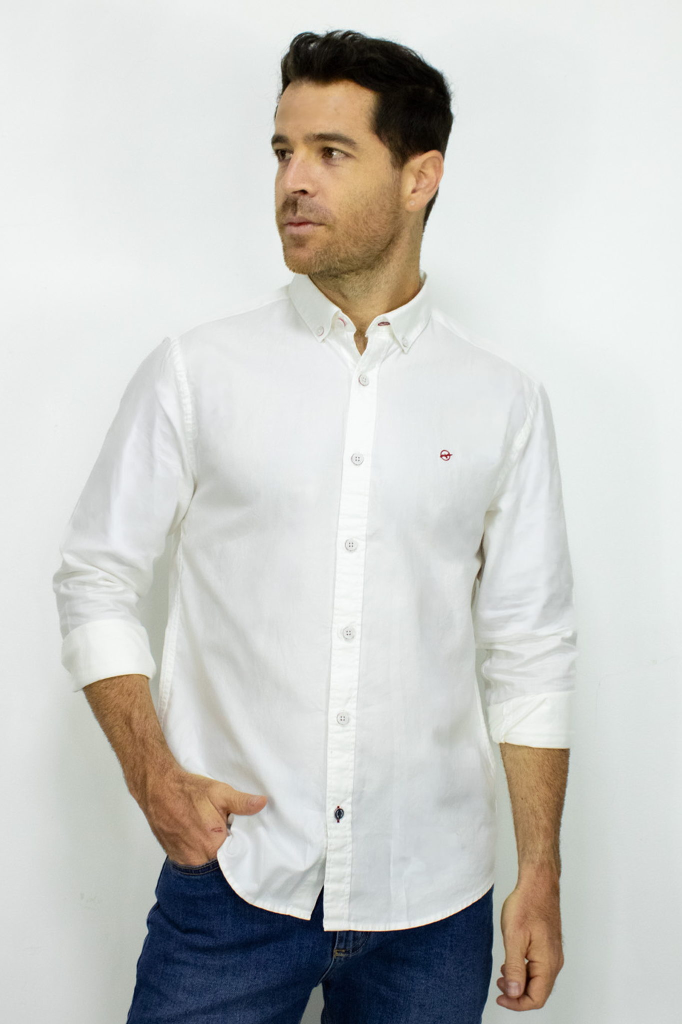 Camisa Manga Larga Oxford Blanca Para Hombre
