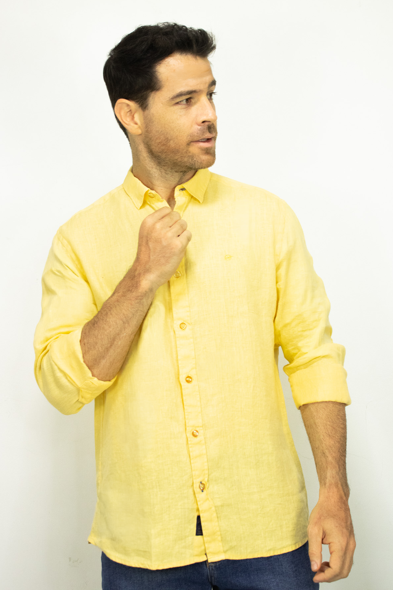 Camisa de Lino Manga Larga Amarilla para Hombre