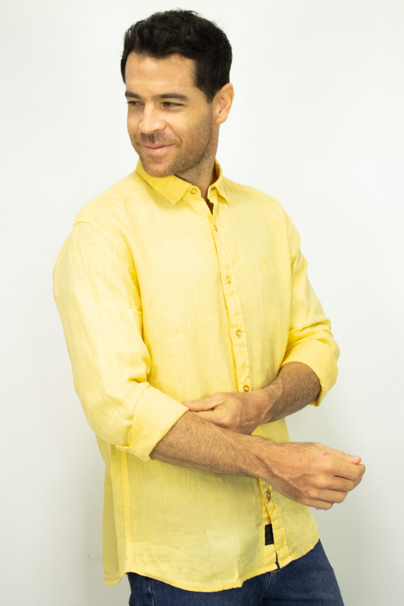 Camisa de Lino Manga Larga Amarilla para Hombre