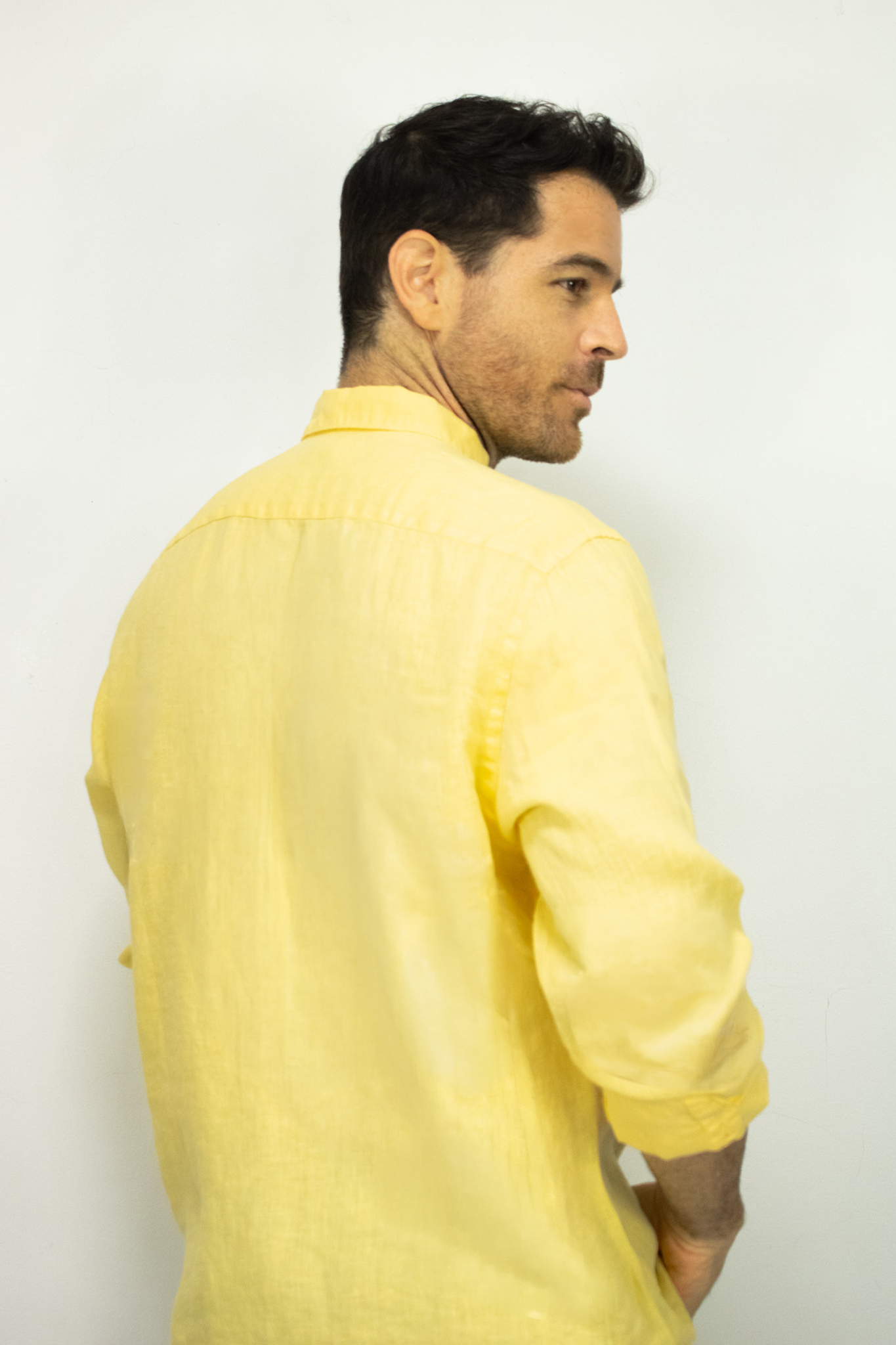 Camisa de Lino Manga Larga Amarilla para Hombre