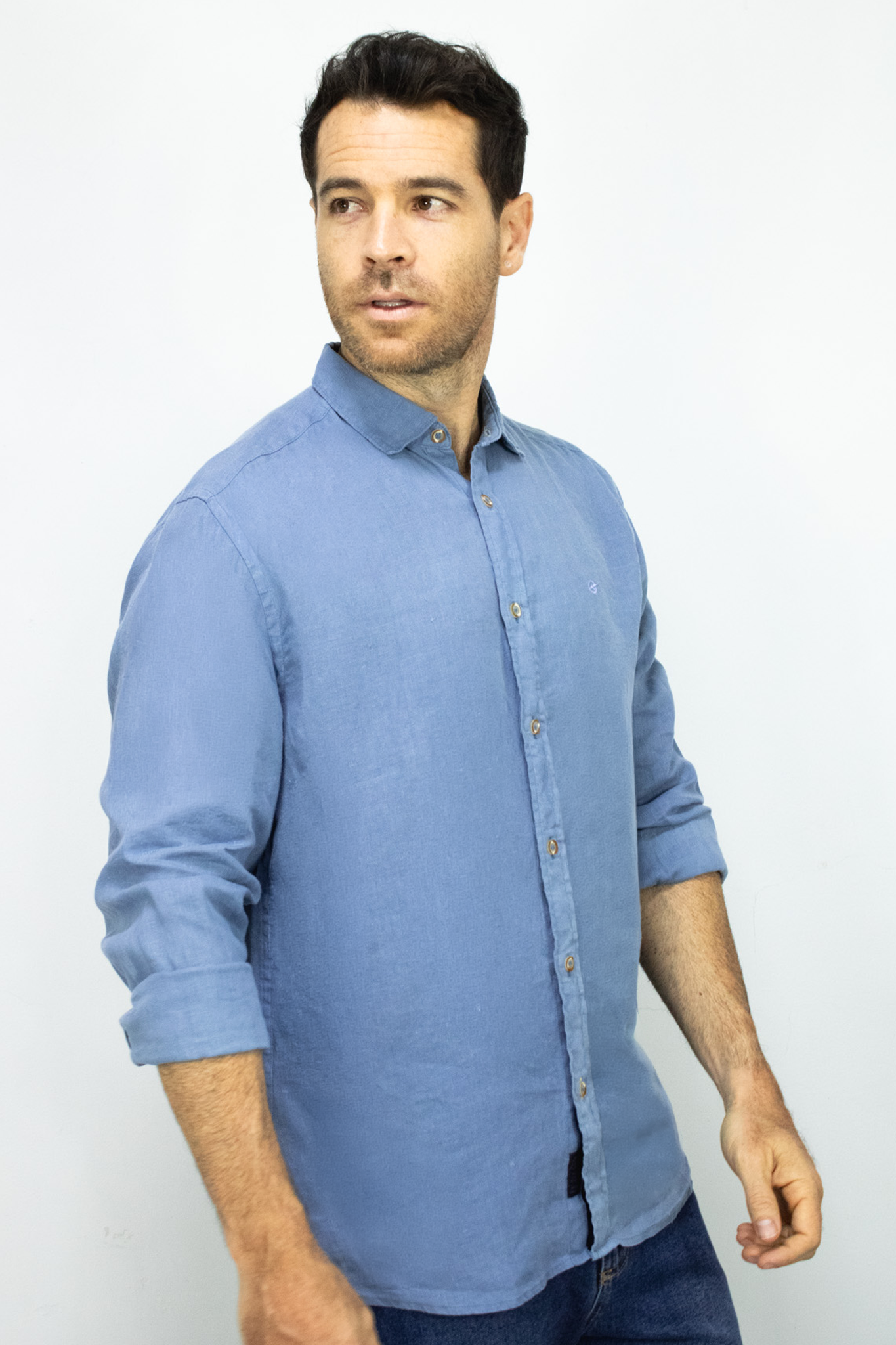 Camisa de Lino Azul Manga Larga para Hombre