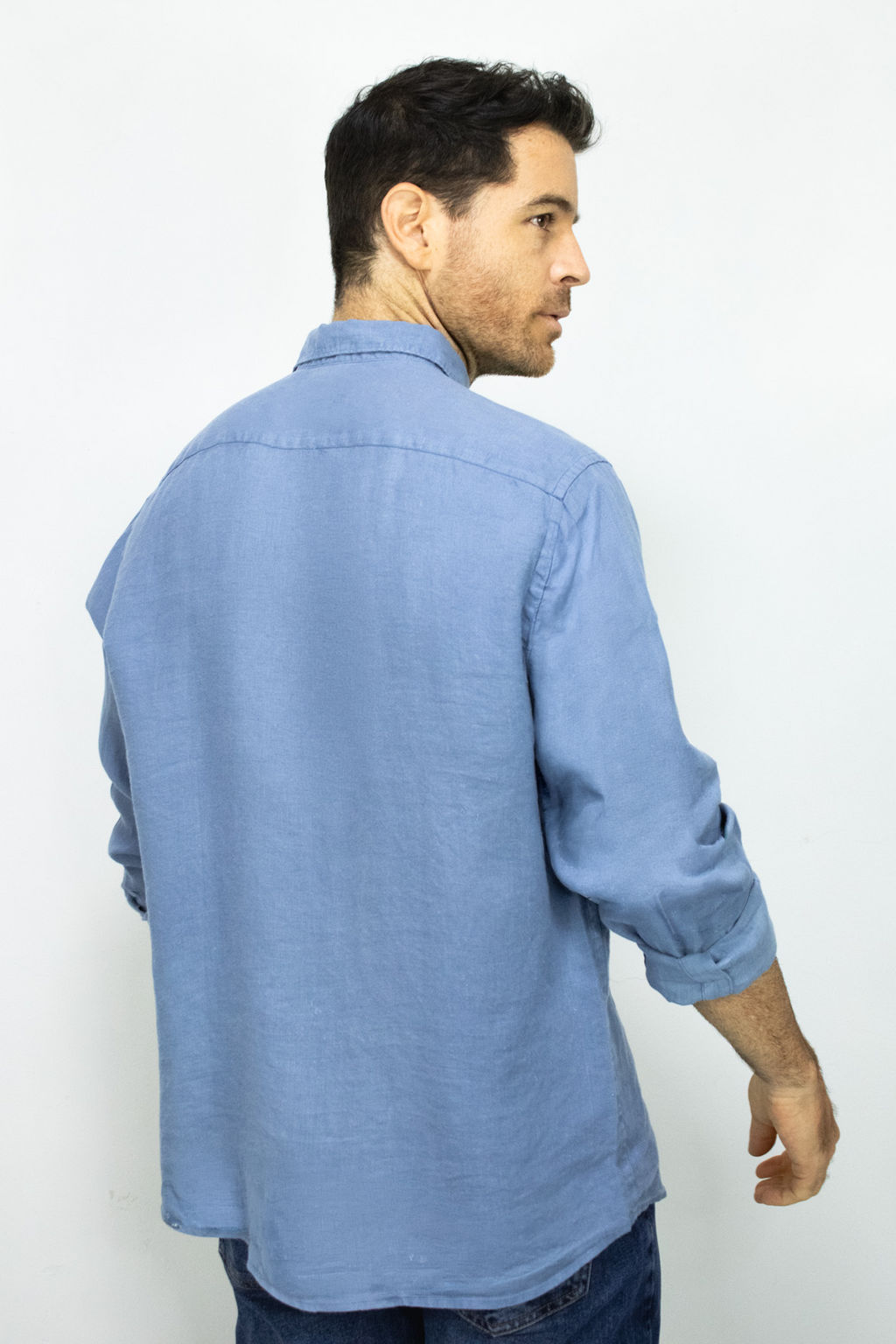 Camisa de Lino Azul Manga Larga para Hombre