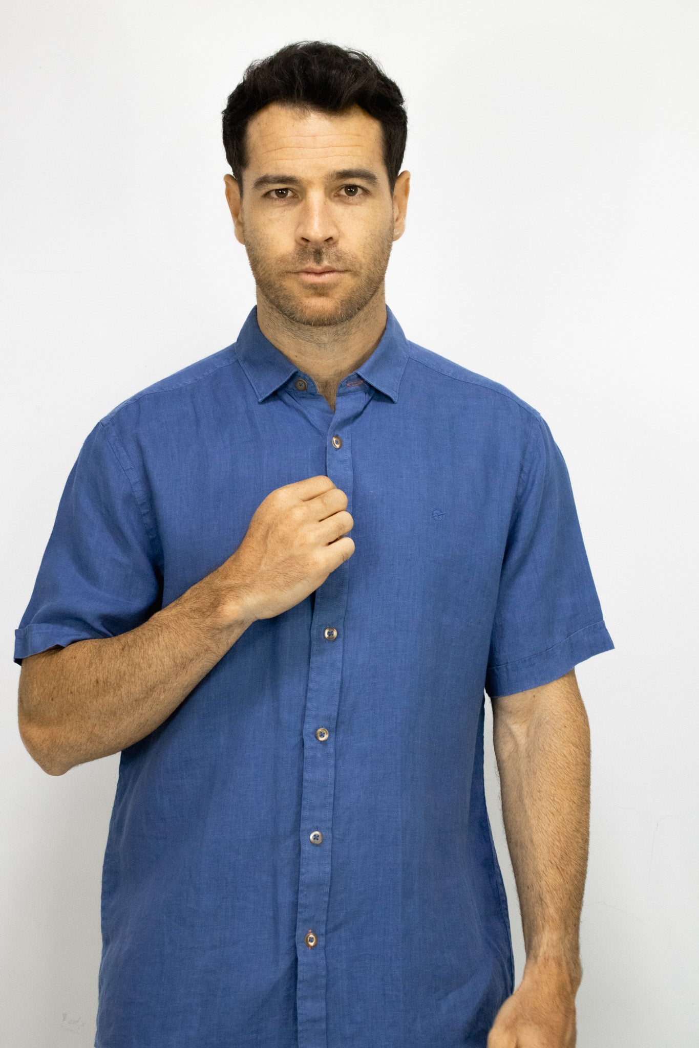 CAMISA LINO MANGA CORTA AZUL PARA HOMBRE