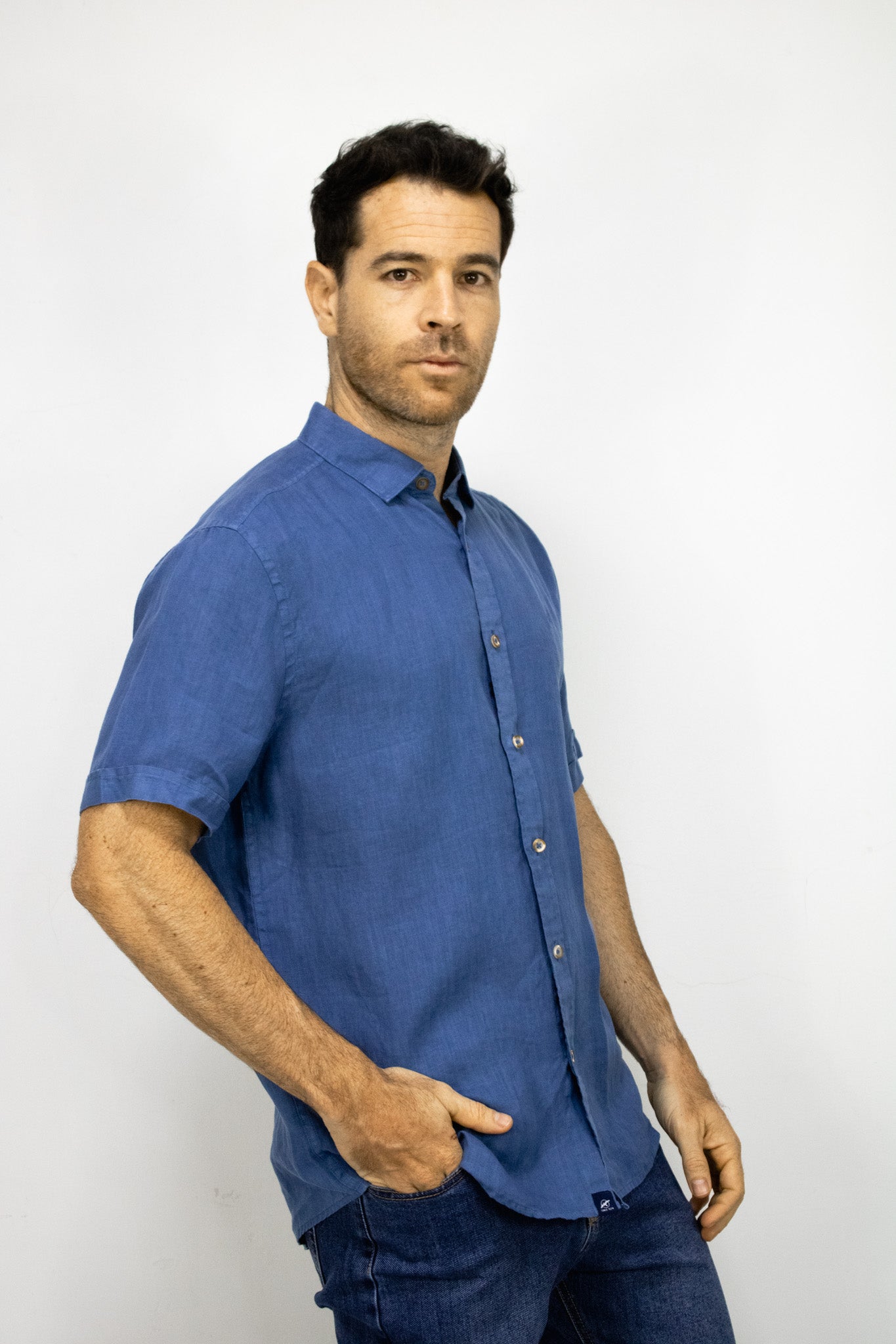 CAMISA LINO MANGA CORTA AZUL PARA HOMBRE