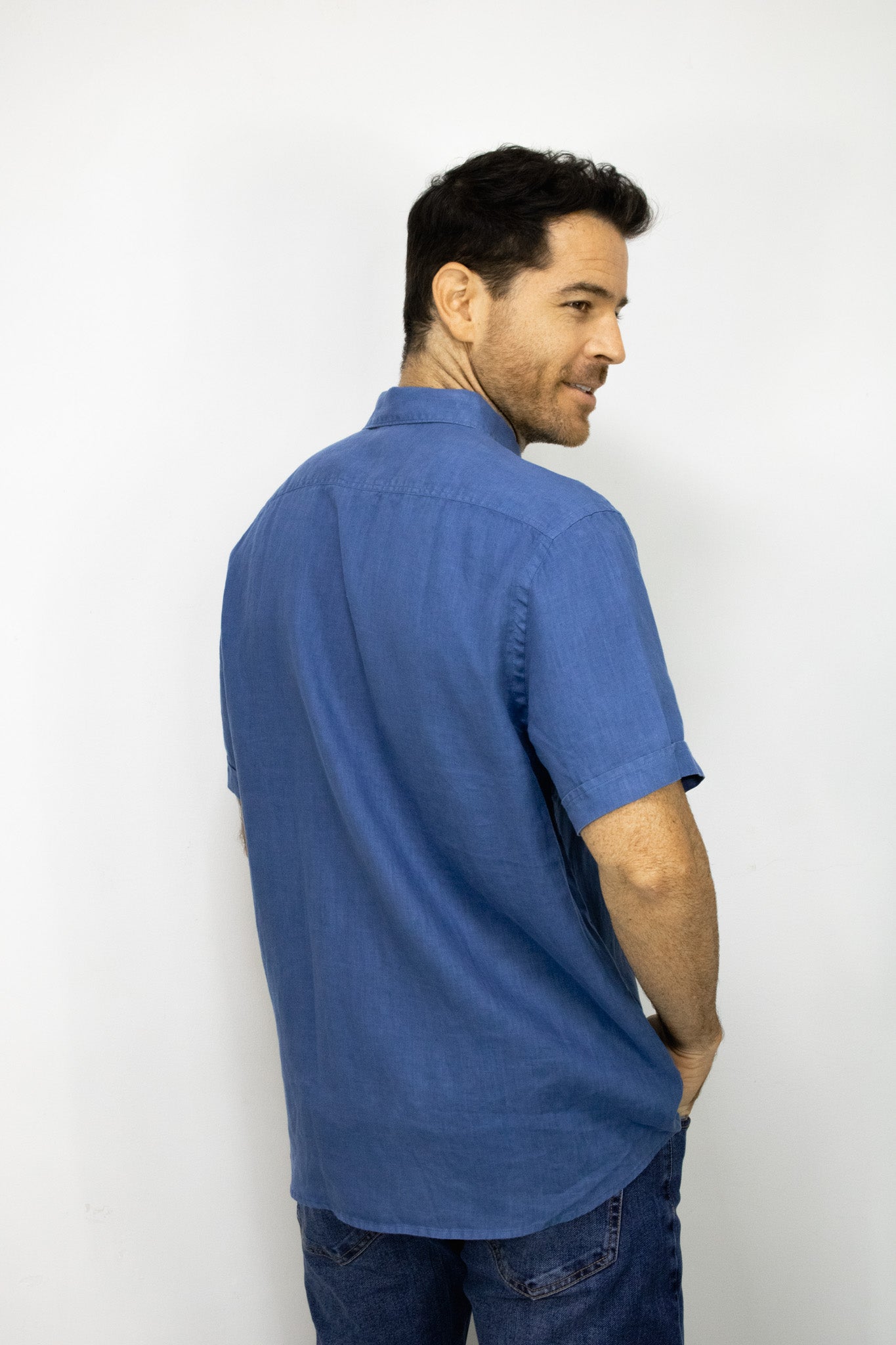 CAMISA LINO MANGA CORTA AZUL PARA HOMBRE