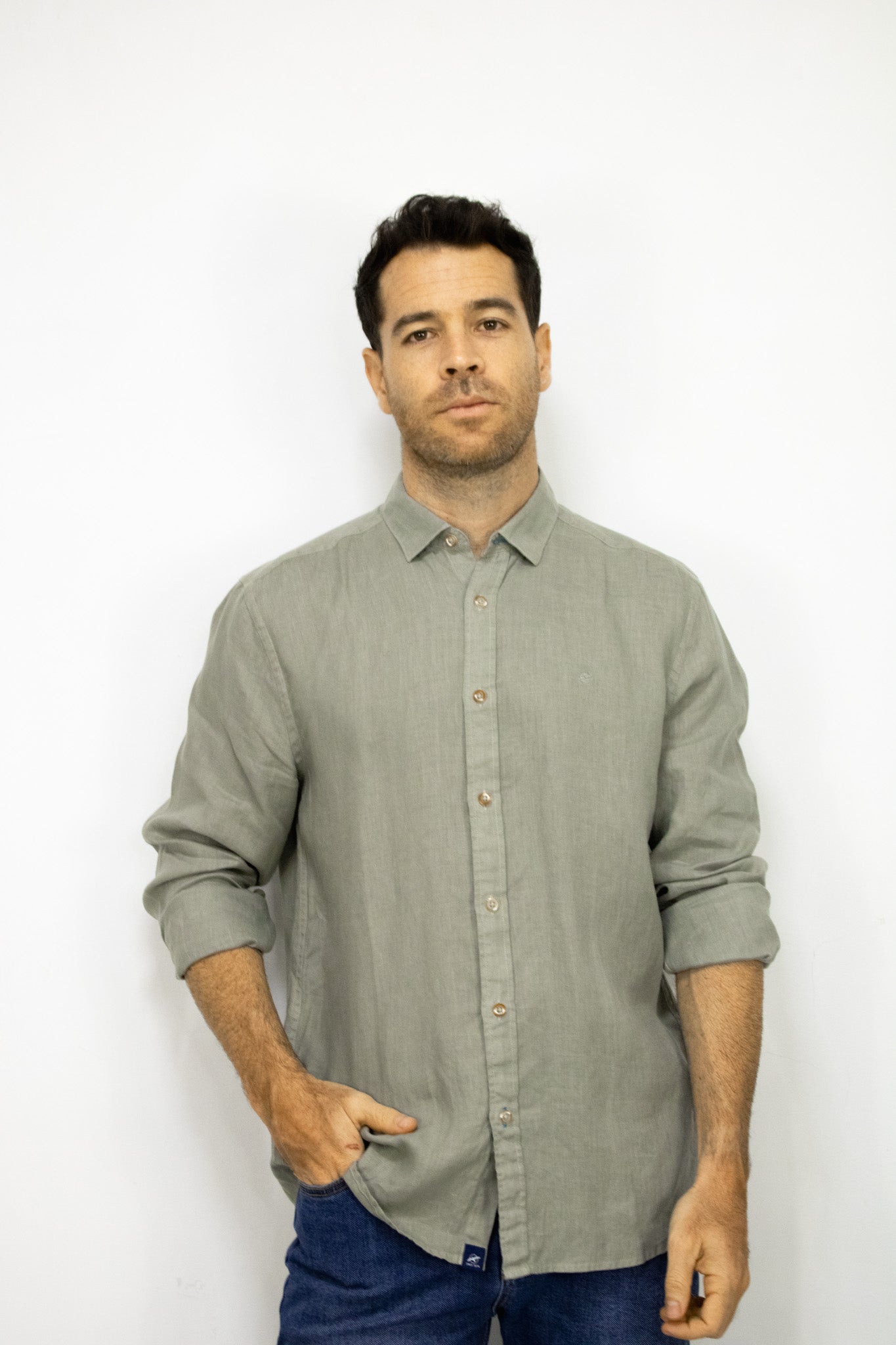 CAMISA LINO MANGA LARGA VERDE PARA HOMBRE